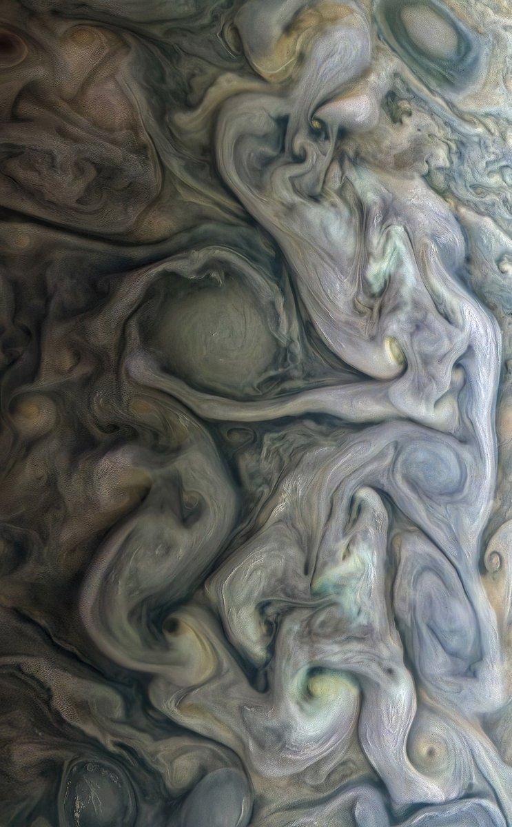 MAstronomers's tweet photo. Jupiter's turbulent atmosphere in Juno images 🌀