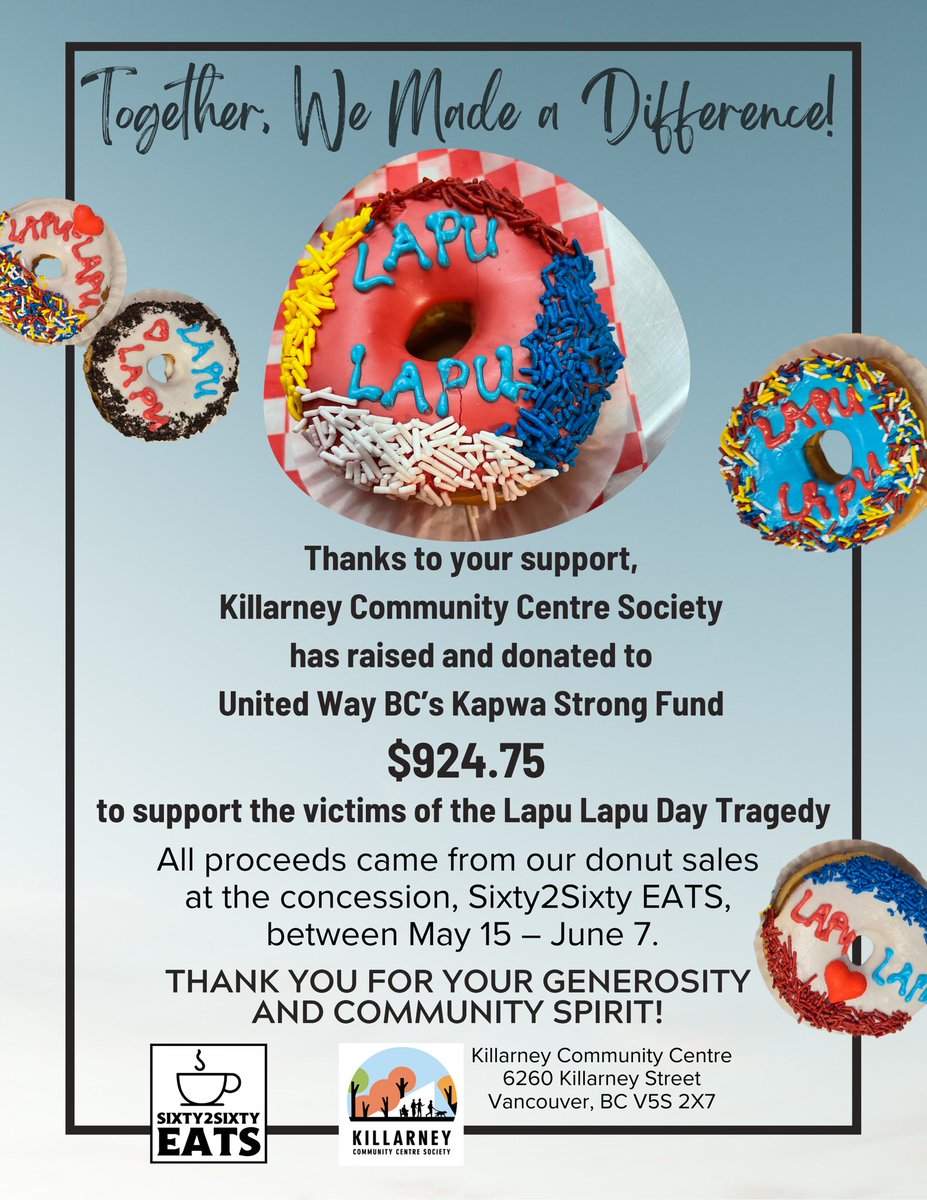 **Together, we made a difference!** Thanks to your incredible support, Killarney Community Centre Society raised **$924.75** for United Way BC’s **Kapwa Strong Fund** to aid victims of the **Lapu-Lapu Day Tragedy**—all from donut sales at **Sixty2Sixty Eats!** Thank you!
