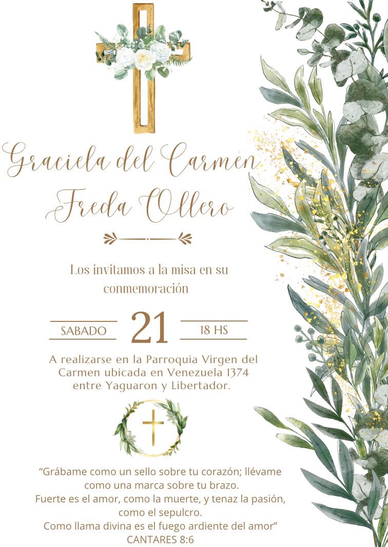 LeopoldoFont's tweet photo. Este sábado 21 a las 18 hs, los invitamos a la misa en conmemoración de Graciela, @ConTodoRespetoY en Parroquia Virgen del Carmen (Venezuela 1374, entre Yaguarón y Libertador). Parroquia de la Aguada.
🧵👇🏼 https://t.co/md7bGUgwXQ