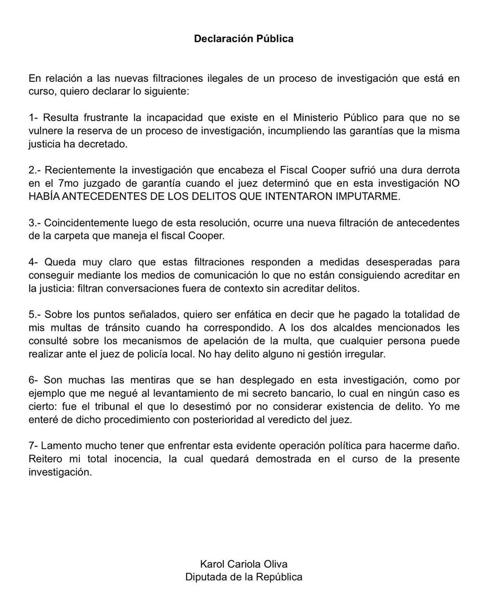 Prensa Karol Cariola (@prensa_karol) on Twitter photo En relación a las nuevas filtraciones ilegales de un proceso de investigación que está en curso, les compartimos Declaración Pública de la diputada <a href="/KarolCariola/">Karol Cariola Oliva</a> En relación a las nuevas filtraciones ilegales de un proceso de investigación que está en curso, les compartimos Declaración Pública de la diputada <a href="/KarolCariola/">Karol Cariola Oliva</a>