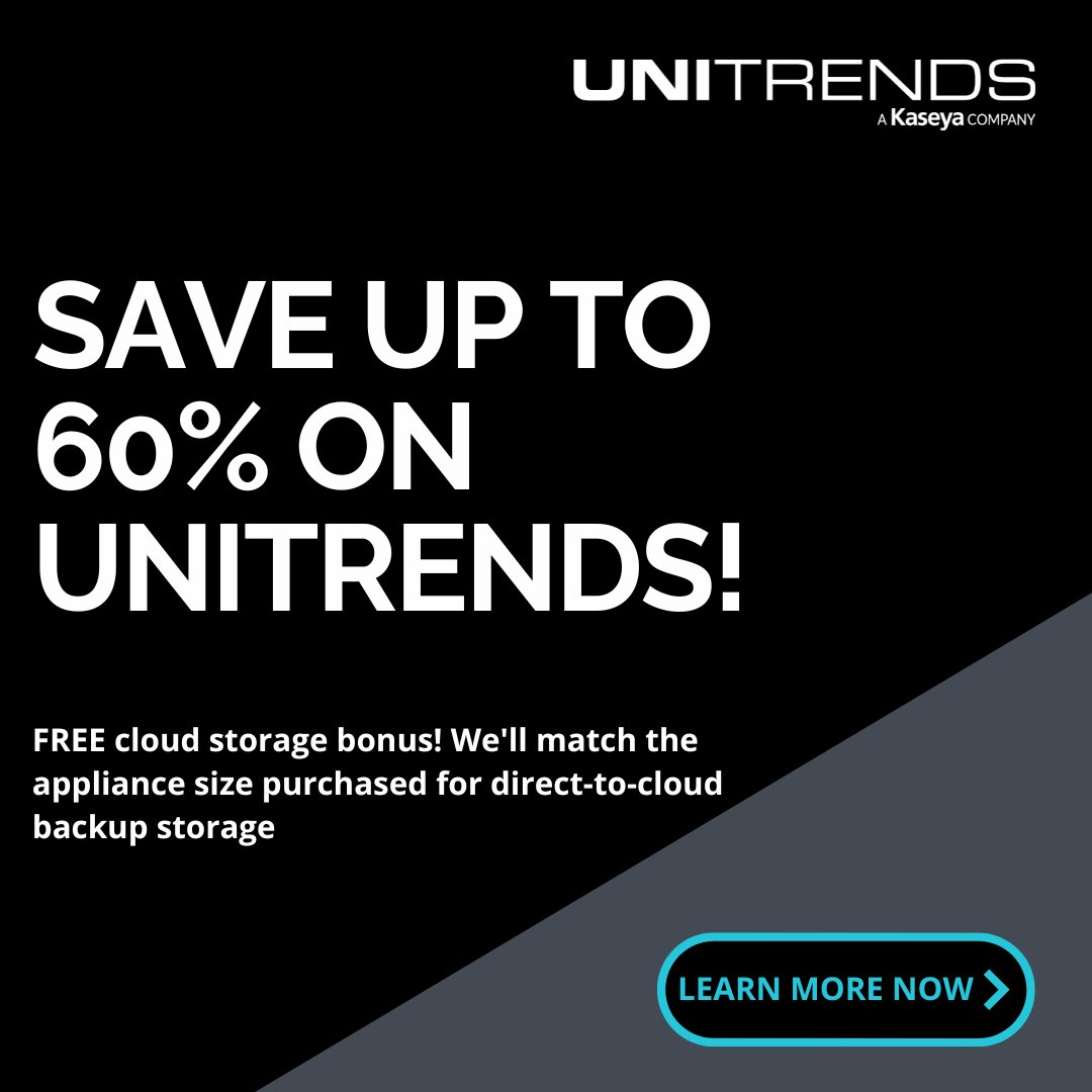 🔥 Save up to 60% on Unitrends — plus a FREE cloud storage bonus!
Protect everything, everywhere with unbeatable recovery confidence and zero complexity.

Lock in your deal today!
bit.ly/4kNyCTf

#DataProtection #CloudBackup #DisasterRecovery