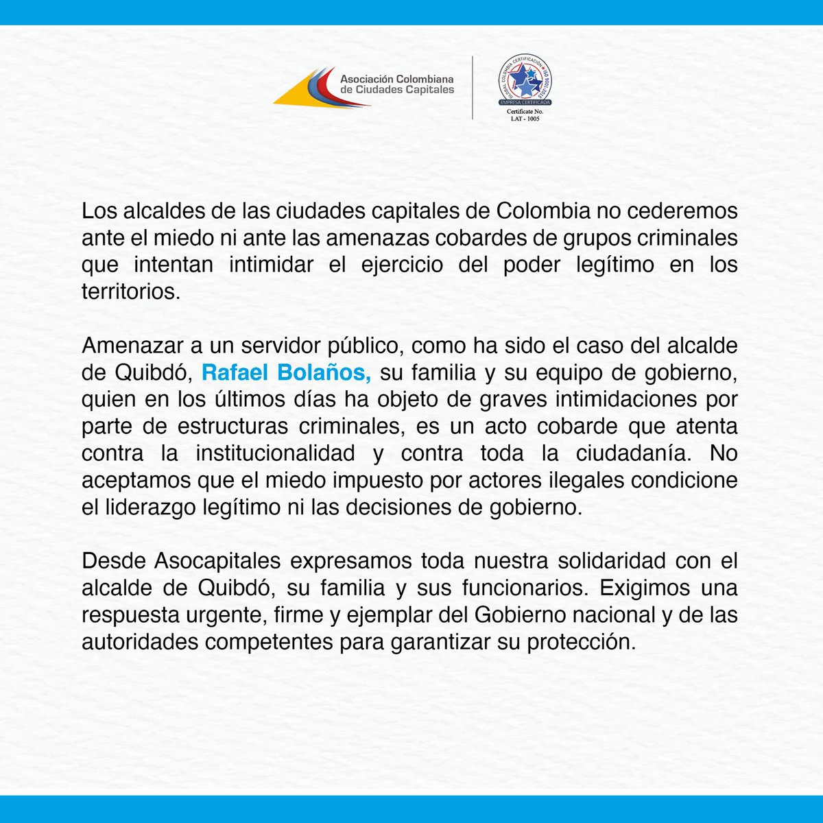Los alcaldes de las #ciudadescapitales de Colombia no cederemos ante el miedo ni ante las amenazas cobardes de grupos criminales que intentan intimidar el ejercicio del poder legítimo en los territorios.

Lea el comunicado aquí: asocapitales.co/2025/06/comuni…

#Asocapitales
