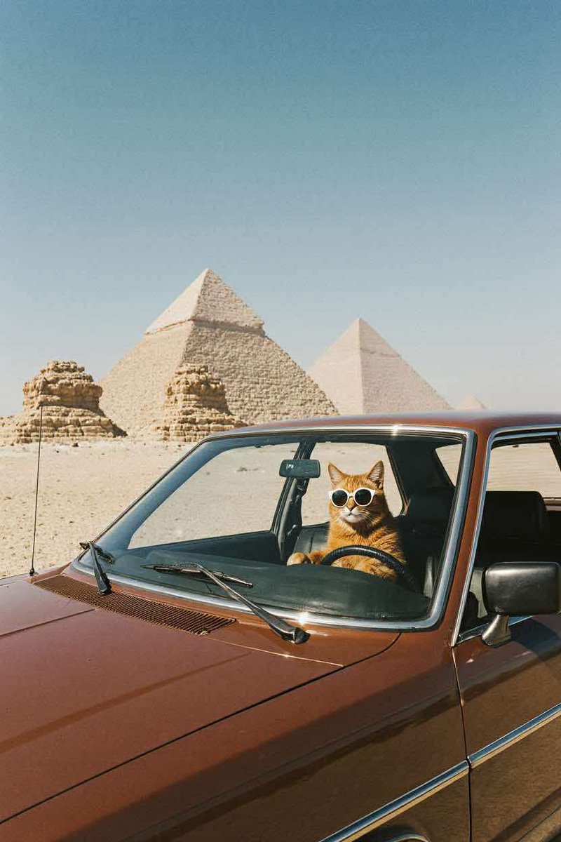 mohanadmkandil's tweet photo. Cat chauffeur in an ’80s Lada, pyramid view made in a snap by @krea_ai https://t.co/is5RDksZ9D