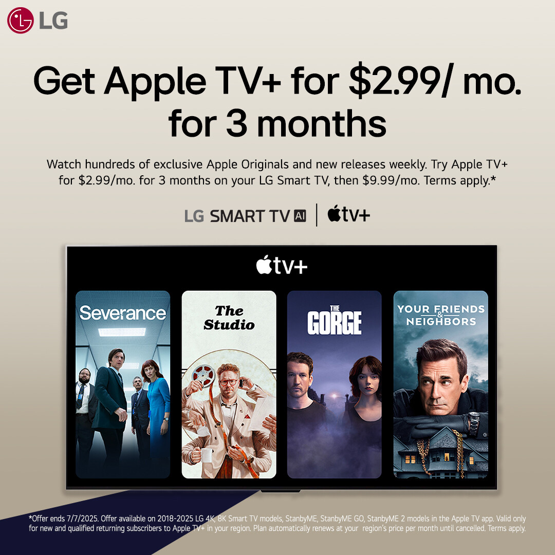 Stream more for less. Get Apple TV+ on your LG Smart TV for just $2.99/month for 3 months. Limited time offer ends 7/7/25.

beachcamera.com/collections/te…

#AppleTVPlus #LGSmartTV #StreamingDeal #WatchMoreForLess #TVTime #BingeWorthy #LGxAppleTV