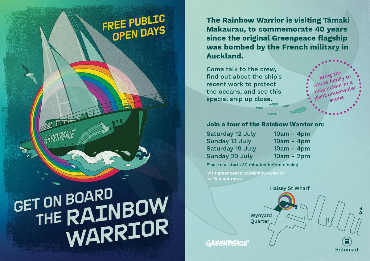 This month, the Rainbow Warrior is visiting Tāmaki Makaurau, to commemorate 40 years since the original Greenpeace flagship was bombed by French government agents in Auckland. 

Come talk to the crew, find out about the ship’s recent work to protect the oceans, and see this