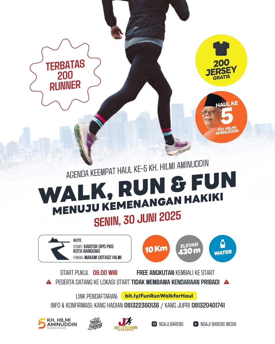 Siap-siap jadi bagian dari 200 PESERTA TERCEPAT yang mendaftar!

Ayo ramaikan WALK, RUN &amp; FUN !! "Menuju Kemenangan Hakiki"

Dalam rangka Haul Ke-5 KH. Hilmi Aminuddin.

Catat tanggalnya:

📅 Senin, 30 Juni 2025
🕖 Start Pukul 06.00 WIB