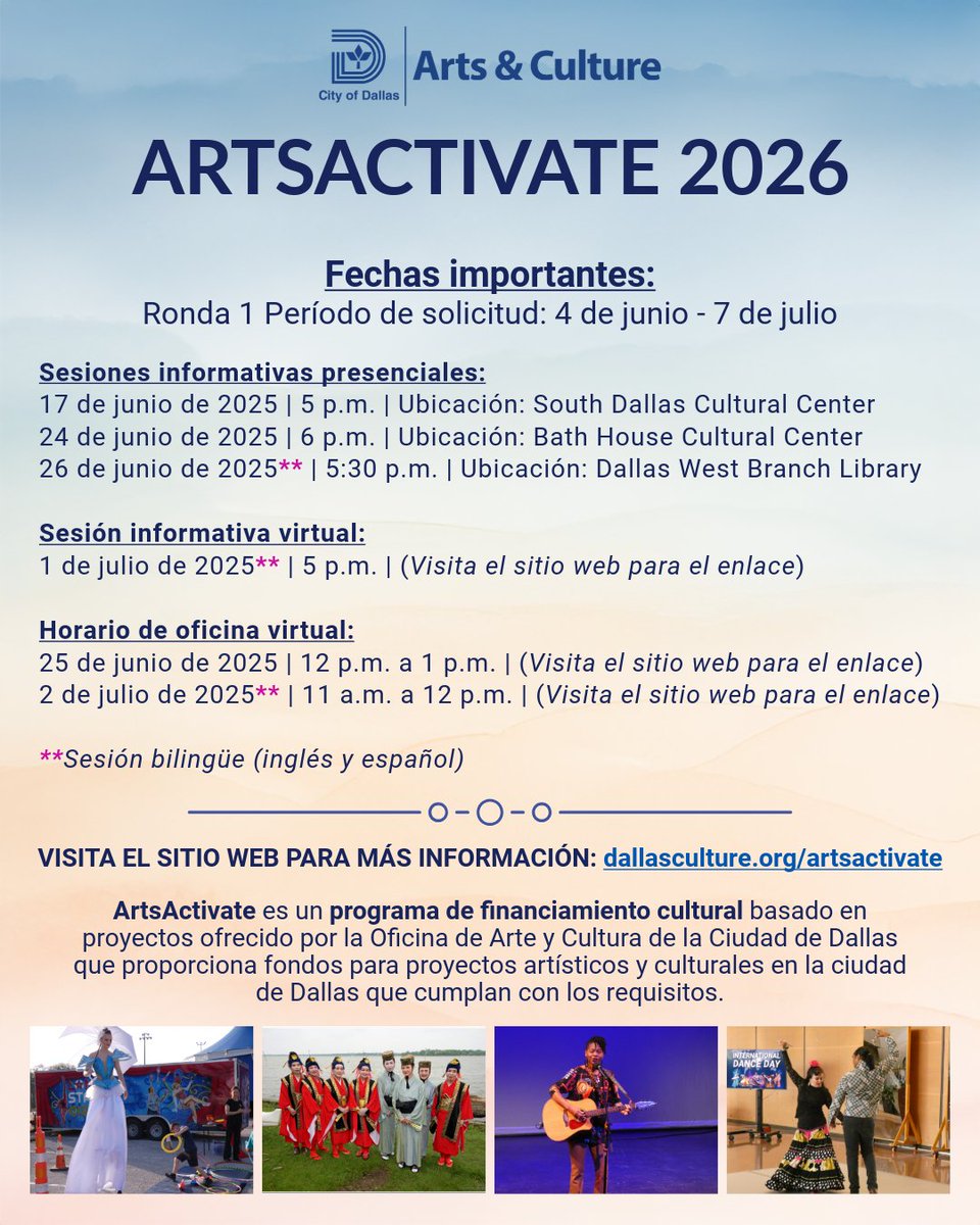 Thank you to everyone who joined us for yesterday’s #ArtsActivate2026 info session! 

Learn more about the program by attending where you can ask questions and gain tips for success. #DallasCulture

📅Deadline July 7, 2025: dallasculture.org/artsactivate