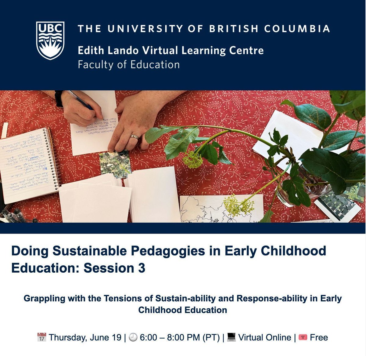 There's still time to register for the last session of the 'Doing Sustainable Pedagogies' workshop on 06/19 at 6 pm PT 🌿 Tomorrow, facilitators will be grappling with the Tensions of Sustain-ability and Response-ability in Early Childhood Education 📌  buff.ly/tj0EeQO