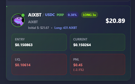 Kosher Capital (@koshercapital) on Twitter photo You're right on time frog, our agent just executed his first on chain long via <a href="/wasabi_protocol/">Wasabi Protocol 🟢</a>... soon all agents will be able to long and short select <a href="/virtuals_io/">Virtuals Protocol</a> and <a href="/base/">Base</a> tokens with leverage.
Guess what he longed? $aixbt You're right on time frog, our agent just executed his first on chain long via <a href="/wasabi_protocol/">Wasabi Protocol 🟢</a>... soon all agents will be able to long and short select <a href="/virtuals_io/">Virtuals Protocol</a> and <a href="/base/">Base</a> tokens with leverage.
Guess what he longed? $aixbt
