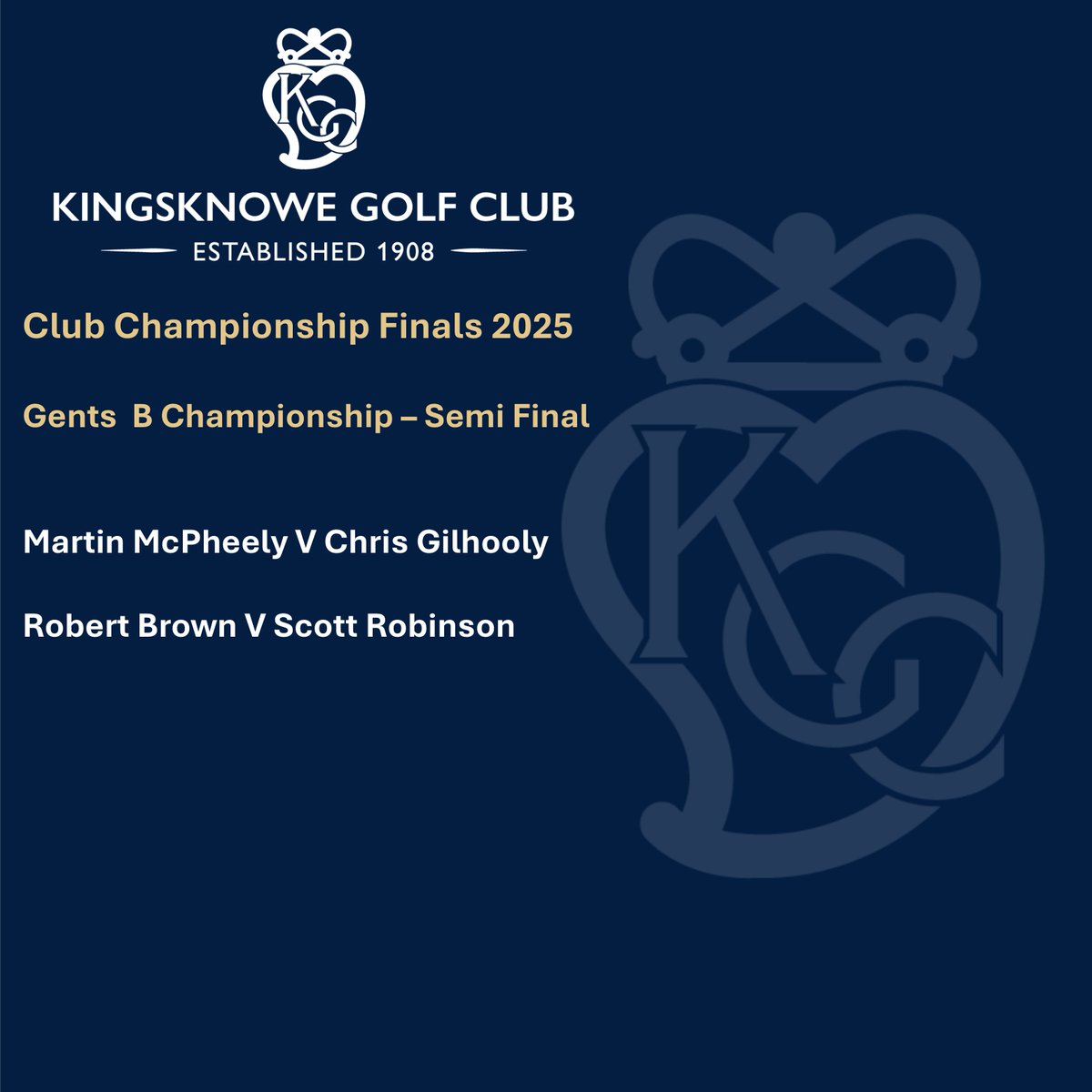 Results from tonight's quarter finals matches for the Gents &amp; Seniors. Congratulations to all those progressing to tomorrow's semi finals.

#kingsknowegolfclub #edinburgh #edinburghgolf #scottishgolf #clubchampionship #golfinscotland #morethanagolfclub #golfstagram