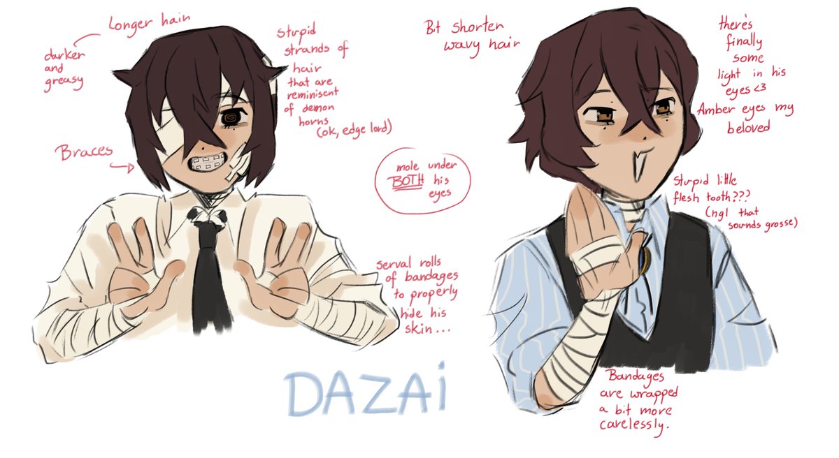 Some of visual HC I have for Dazai, maybe I should make more of those 🤔

#BSDtwt #OsamuDazai #15dazai