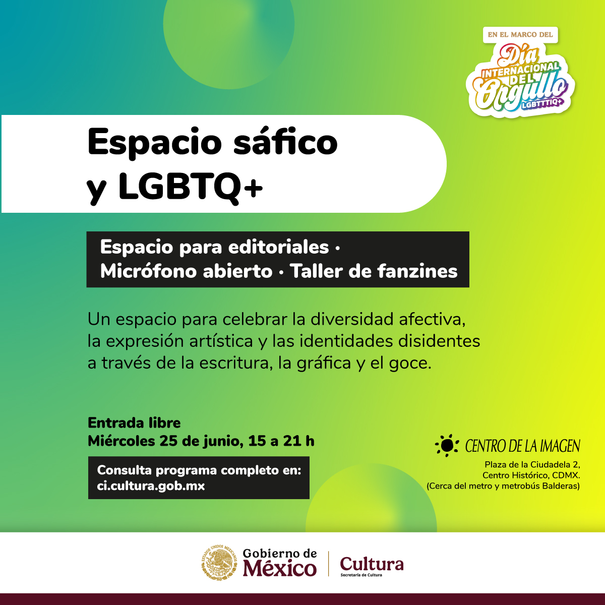 cimagen's tweet photo. ¡Celebra con nosotros el Día Internacional del Orgullo LGBTTTIQ+! 🏳️‍🌈🏳️‍⚧

Esta Noche de Museos tendremos un espacio para editoriales, micrófono abierto y un taller de fanzines. Consulta el programa completo y acompáñanos. ¡Te esperamos! https://t.co/Q76qxXtphI