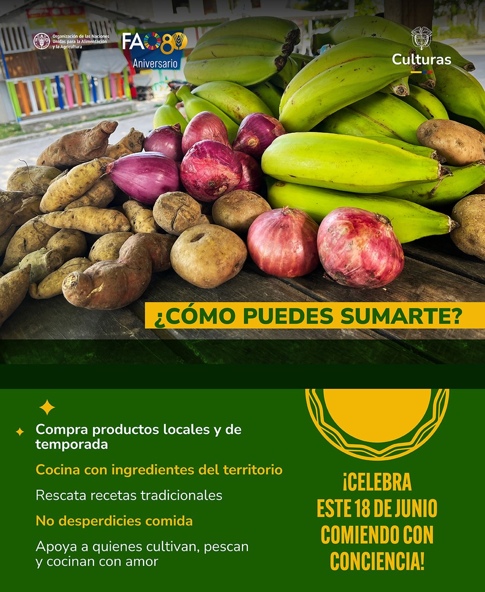 Hoy, en el #DíaDeLaGastronomíaSostenible, desde Minculturas reafirmamos nuestro compromiso con la soberanía alimentaria, con los sabores, saberes y memorias de Colombia. Este 2025, hemos fortalecido el programa #CocinasParaLaPaz junto a la Organización de las Naciones Unidas para
