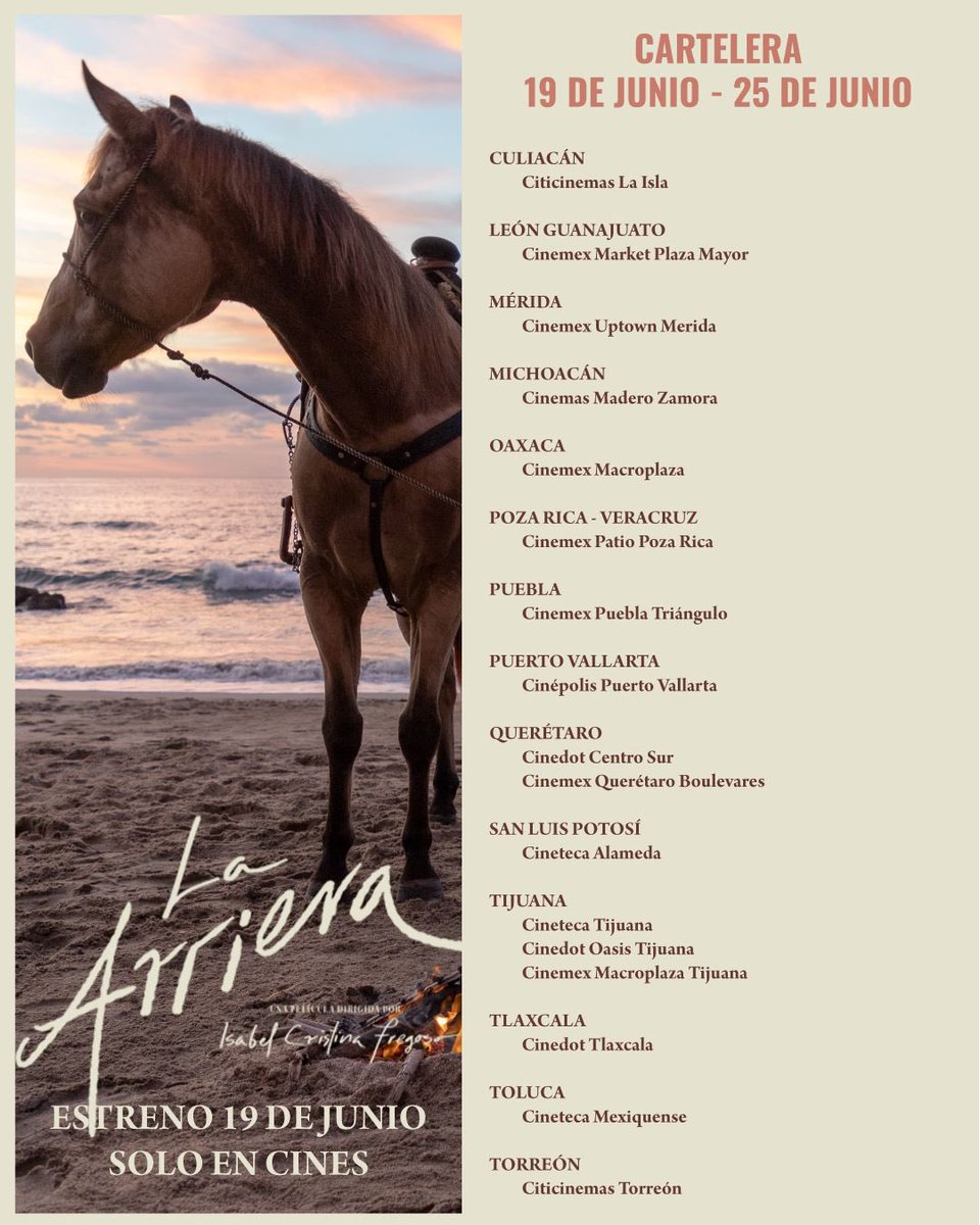 A partir del 19 de junio, La Arriera llega a cartelera. 
Te compartimos los cines donde estará y… Siéntete libre de descubrir. 

#LaArrieraPelícula #cinecultural #arriera #cinemexicano #revolucion #peliculas #diversidad #libertad #caballos #arrierossomos #identidad