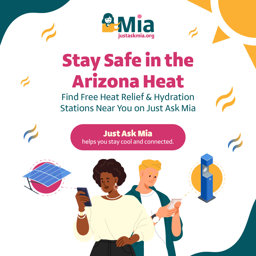 It's already heating up in Arizona! 

Did you know there are free heat relief and hydration stations across the state?

Find the one closest to you on Just Ask Mia—because staying safe in the heat shouldn't be hard. 💧

#HeatReliefAZ #JustAskMia #StayCoolAZ #HydrationStations