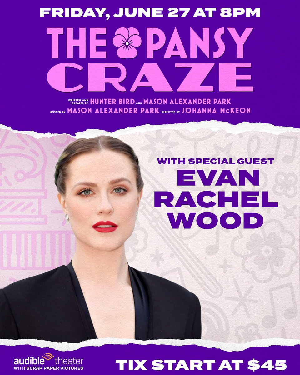 Another special guest announced!

Evan Rachel Wood will join Mason Alexander Park on Friday, June 27th at 8pm for an electrifying evening at THE PANSY CRAZE at Audible’s Minetta Lane Theatre – OH YOU PRETTY THINGS: THE RISE AND FALL OF GLAM ROCK edition!