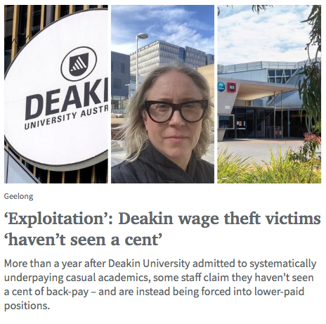 NTEU Victoria (@nteuvictoria) on Twitter photo The managerial morass at <a href="/Deakin/">Deakin University</a> gets worse, with casual staff still waiting for back pay, despite the uni admitting widespread underpayment over a year ago. Even worse, staff are now being forced into lower paid roles.
geelongadvertiser.com.au/news/geelong/dā¦
#HigherEducation #HigherEd The managerial morass at <a href="/Deakin/">Deakin University</a> gets worse, with casual staff still waiting for back pay, despite the uni admitting widespread underpayment over a year ago. Even worse, staff are now being forced into lower paid roles.
geelongadvertiser.com.au/news/geelong/dā¦
#HigherEducation #HigherEd