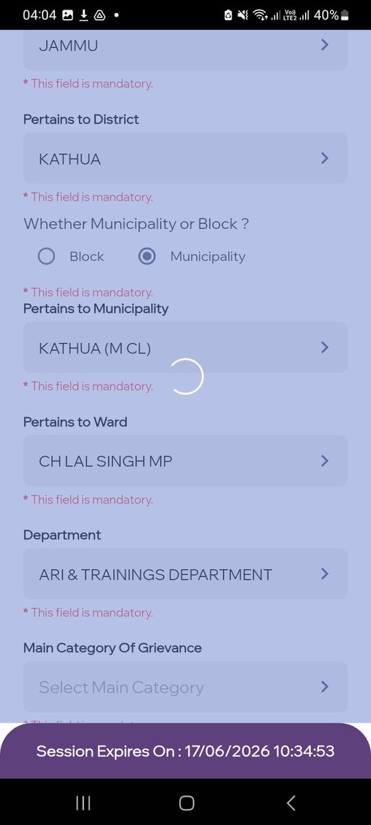 JK Samadhan Portal is not working...i could not able to submit Grivance <a href="/CM_JnK/">Office of Chief Minister, J&K</a> <a href="/OfficeOfLGJandK/">Office of LG J&K</a> <a href="/JKSamadhan/">Department of Public Grievances (DoPG), J&K</a> <a href="/DullooAtal/">Atal Dulloo</a> <a href="/diprjk/">Information & PR, J&K</a>
