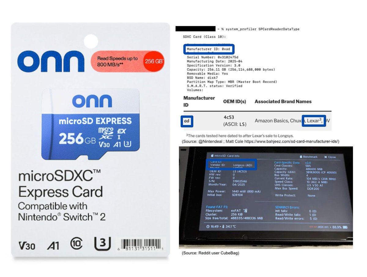 I tested two onn brand microSD Express cards and can confirm these appear to be manufactured by Lexar

The slightly slower Read Speed (800 MB/s vs 900 MB/s) suggests they are binned cards that didn't meet Lexar's speed requirement and were rebranded and sold to Walmart at a