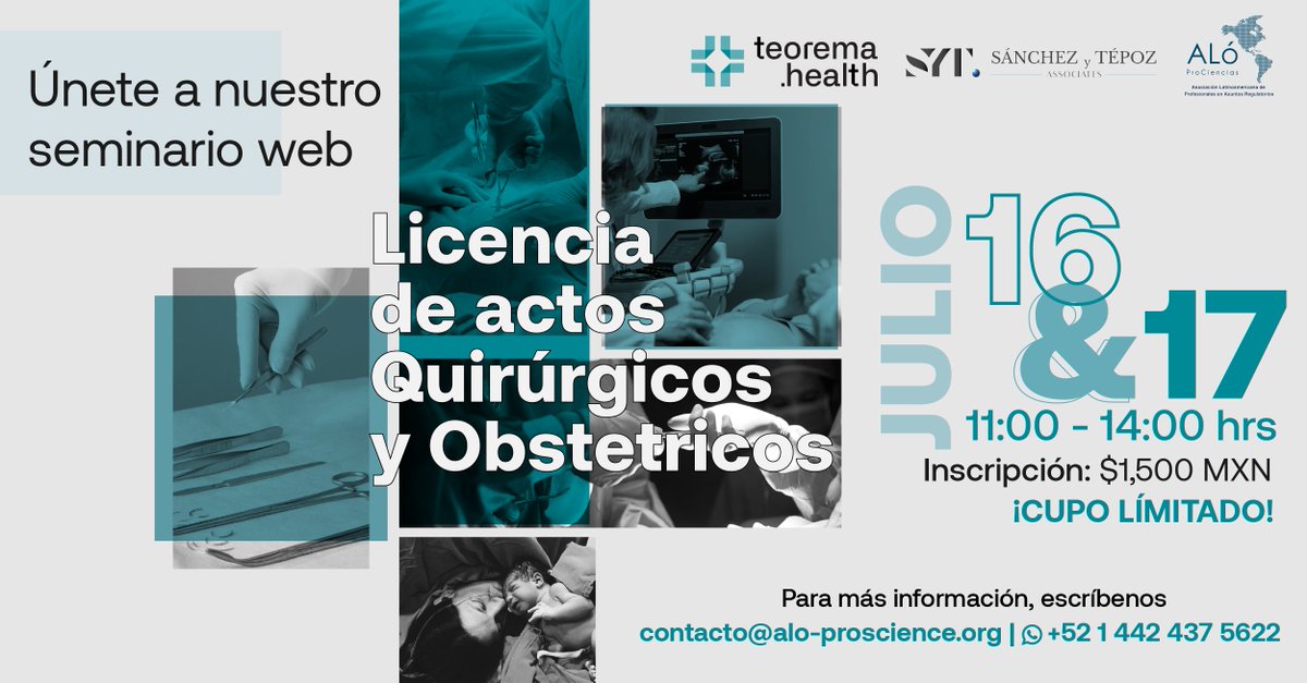 Si eres un Profesional Regulatorio y deseas seguir capacitándote, este Seminario es para ti. 👩‍⚕️ 
👨‍⚕️ Aprenderás TODO sobre Licencias Sanitarias de Actos Quirúrgicos y Obstétricos. 
📧 contacto@alo-proscience.org
📱 +52 1 442 437 5622
👉🏻 bit.ly/seminario_acto…