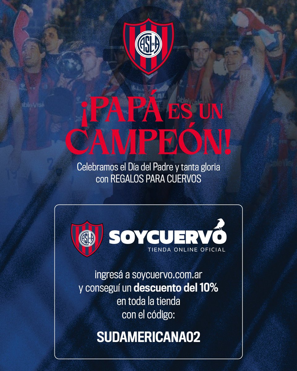 ¡PAPÁ es un CAMPEÓN...!

🎁 Seguimos celebrando el Día del Padre y una historia con tanta gloria con REGALOS PARA CUERVOS durante toda la semana.

¡Ya está disponible un nuevo código con descuentos para socios!

👉 Ingresá a soycuervo.com.ar y accedé a un 10% de descuento