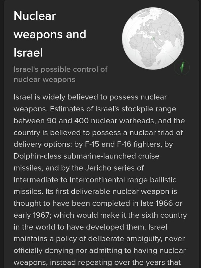 FaceTheTruth (@tenphihik.bsky.social) (@tenphihik) on Twitter photo <a href="/IDF/">Israel Defense Forces</a> Why do you have them so many produced secretly? What gives you the right to ask another sovereign country to stop its nuclear facilities while you producing them left and right illegally without signing NPT?
BTW, can you also make an informational video on israel's Samson Option <a href="/IDF/">Israel Defense Forces</a> Why do you have them so many produced secretly? What gives you the right to ask another sovereign country to stop its nuclear facilities while you producing them left and right illegally without signing NPT?
BTW, can you also make an informational video on israel's Samson Option