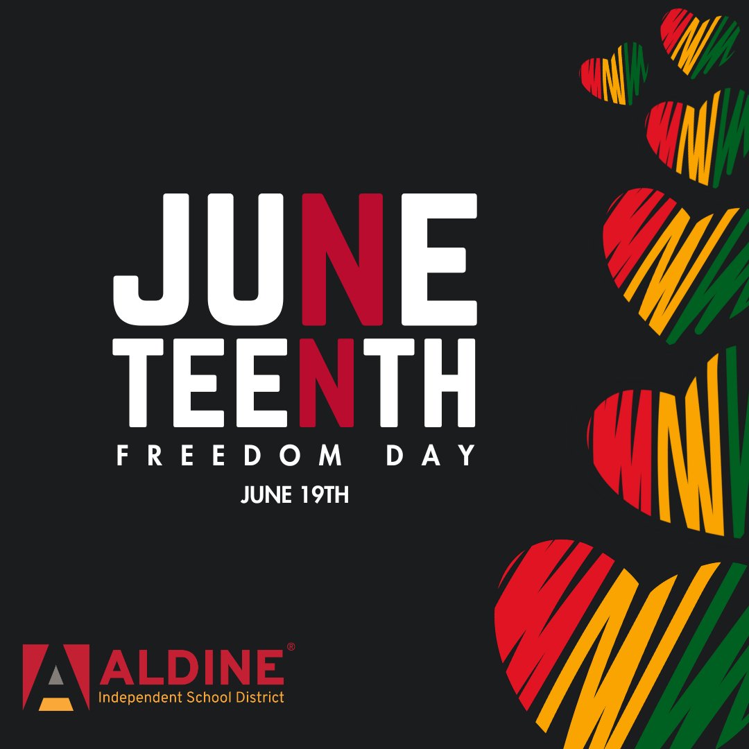 AldineISD's tweet image. ✨ Happy Juneteenth from Aldine ISD! ✨
Today, we observe Juneteenth. On June 19, 1865, enslaved people were declared free under the terms of the Emancipation Proclamation.
We celebrate this day to reflect, learn, and continue building a future rooted in hope, unity, and…