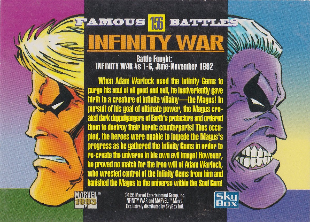 Card 156: Infinity War

Infinity War was my introduction to all the Adam Warlock/Thanos stuff - and really the cosmic side of Marvel

This is a packed card, but it sure seems like they put the B team on these Famous Battle cards, doesn't it?

#TradingCardADay #MU4 #FamousBattles