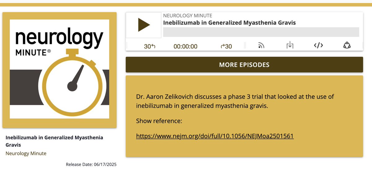 -Graduate Fellowship: ✅
-Record a podcast: ✅

Excited to share my 1st podcast episode with the Neurology Minute Podcast Team! 

directory.libsyn.com/episode/index/…

Learn about Inbelizumab as tx for Generalized Myasthenia Gravis.
*CD19+ inhibitor
*Reduces MG-ADL score
*When to use it?