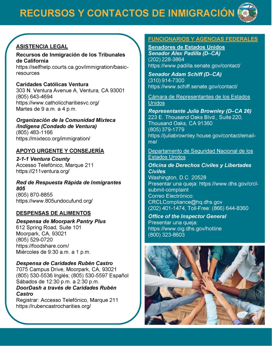 Immigration resource and contact information in both English and Spanish: