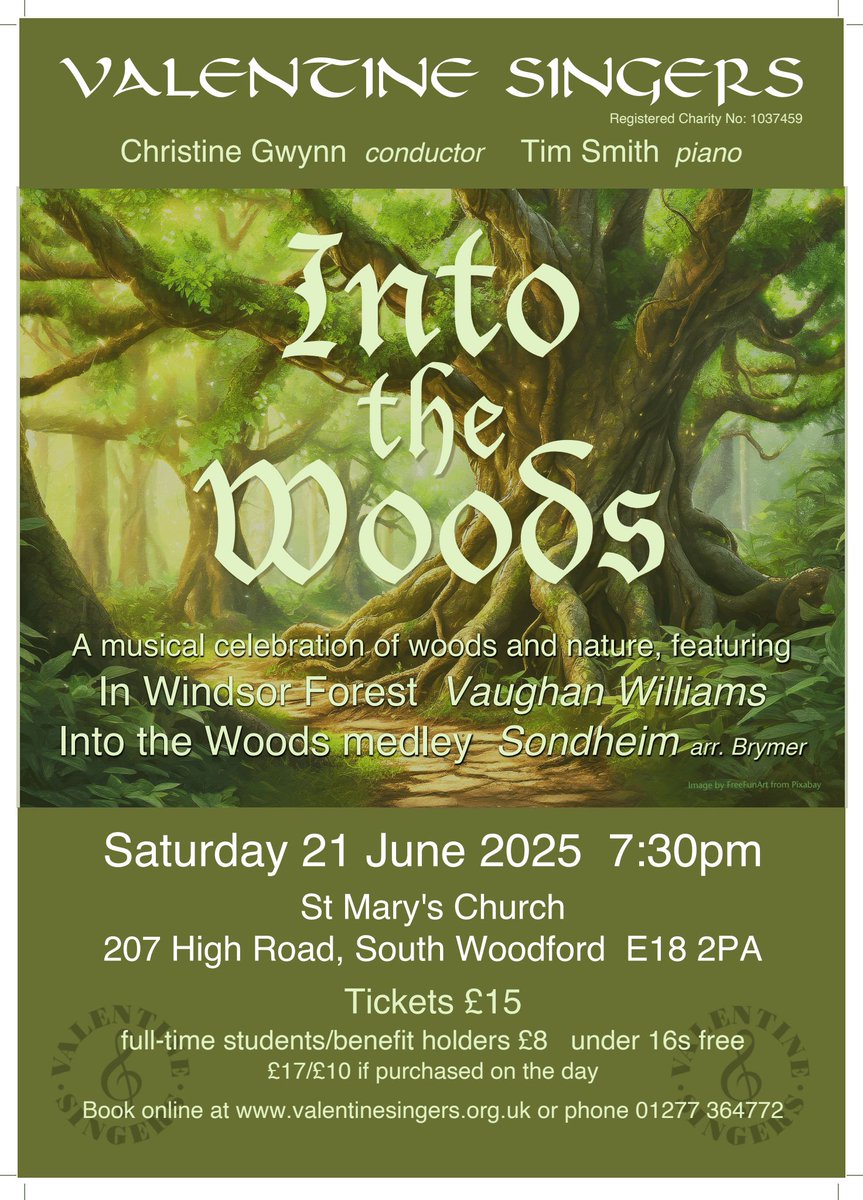 Just a little reminder in case you haven't booked your tickets yet...
We're heading for a very warm weekend - perfect for an evening of musical forest bathing! <a href="/DoMoreRed/">Vision Redbridge Culture & Leisure</a> <a href="/MakingMusic_UK/">Making Music UK</a> #choral #vaughanwilliams #sondheim valentinesingers.org.uk/whats-next/