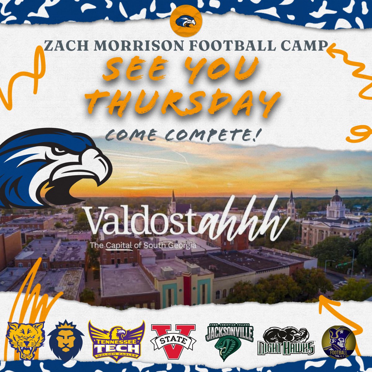 Zach Morrison (@coachmorrison58) on Twitter photo TOMORROW....VALDOSTA!!!
Time to Show Out! 1% Better Mentality
Pre-Register 👇
…hmorrisonfootballcamps.totalcamps.com/shop/EVENT
<a href="/LaneKnost/">Coach Lane Knost</a> <a href="/TimGlanton/">Coach Tim Glanton</a> <a href="/Coach_HJacobs/">CoachHarlen Jacobs</a> <a href="/KJOTISSR/">Keith Otis</a> <a href="/coachmercer_56/">Malcolm Mercer</a> <a href="/CoachZachBrooks/">Zach Brooks</a> <a href="/CoachJackSU/">Coach Jack Williamson</a> <a href="/CoachMorrisonSU/">Kasey Morrison</a> <a href="/JalenGary5/">COACH JG</a> TOMORROW....VALDOSTA!!!
Time to Show Out! 1% Better Mentality
Pre-Register 👇
…hmorrisonfootballcamps.totalcamps.com/shop/EVENT
<a href="/LaneKnost/">Coach Lane Knost</a> <a href="/TimGlanton/">Coach Tim Glanton</a> <a href="/Coach_HJacobs/">CoachHarlen Jacobs</a> <a href="/KJOTISSR/">Keith Otis</a> <a href="/coachmercer_56/">Malcolm Mercer</a> <a href="/CoachZachBrooks/">Zach Brooks</a> <a href="/CoachJackSU/">Coach Jack Williamson</a> <a href="/CoachMorrisonSU/">Kasey Morrison</a> <a href="/JalenGary5/">COACH JG</a>