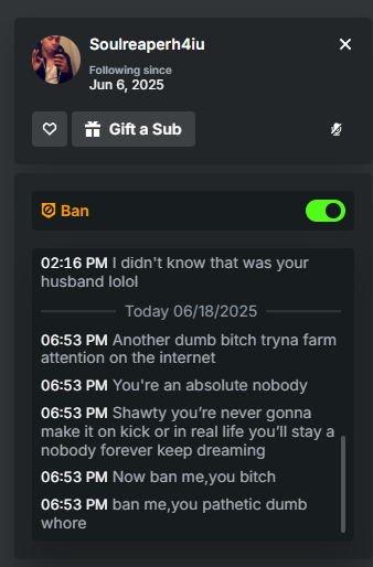 Hey, <a href="/kick/"></a>  - This doesn't make the community want to be a community when people like this are allowed to attack streamers - and STILL have their account - #CancelTrolls #AccountabilityMatters
kick.com/soulreaperh4iu