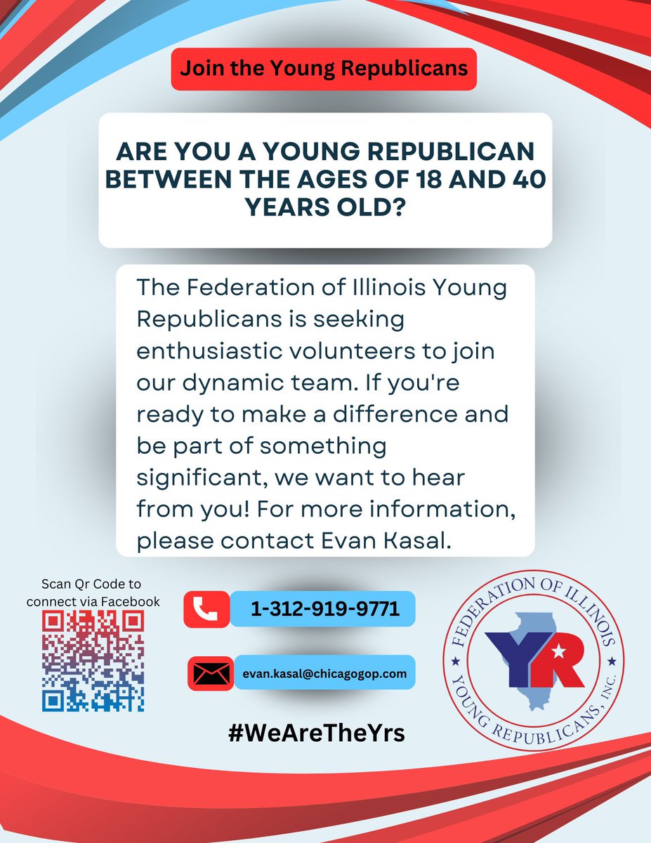 IllinoisYRs's tweet image. Are you, or is someone you know, a young Republican that is interested in joining a network of like-minded individuals?
The Federation of Illinois Young Republicans are seeking individuals who are ages 18-40, and who are eager to make a difference!!