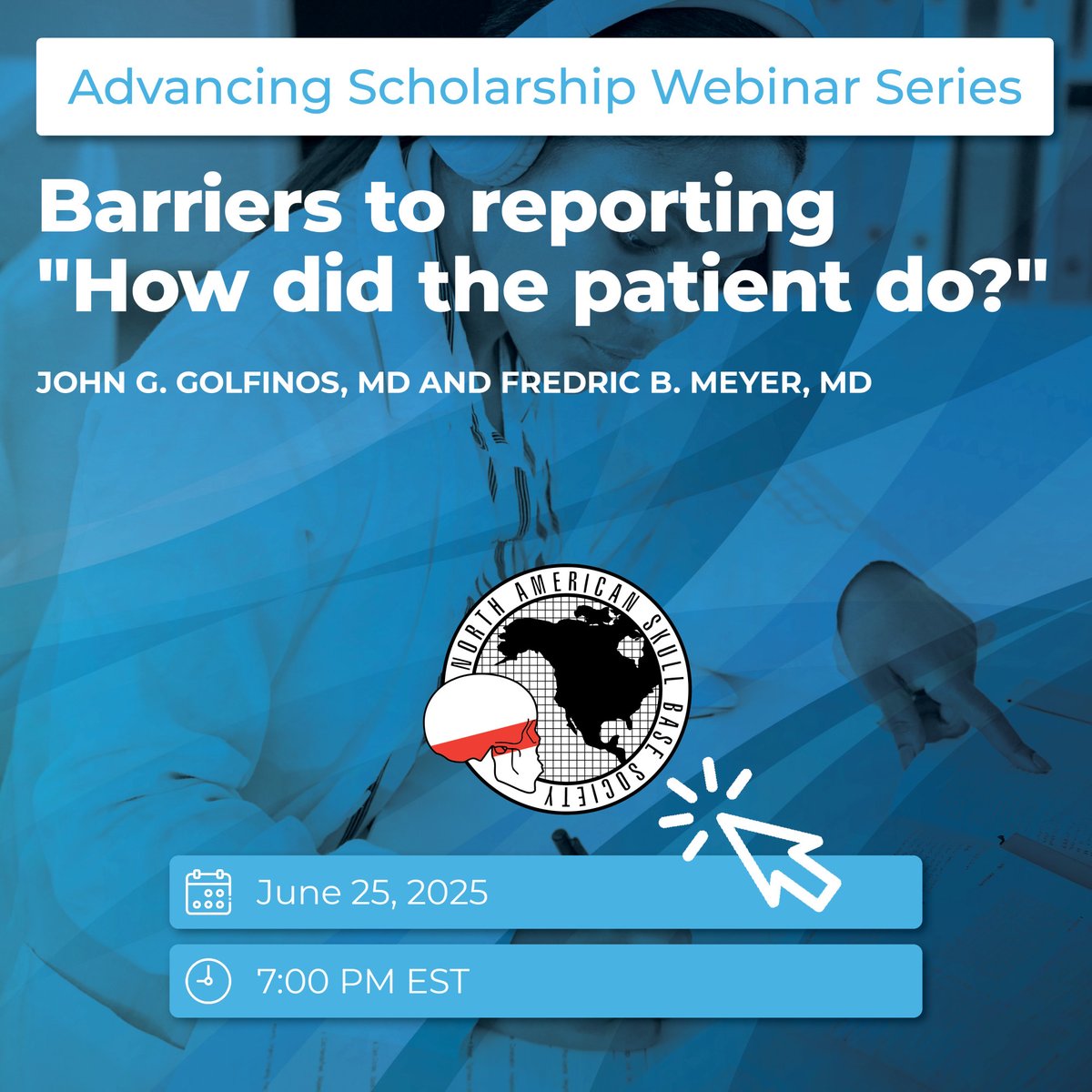 NASBSorg's tweet image. Join us Wed, June 25, 2025 at 7 PM EST for Barriers to Reporting: "How Did the Patient Do?" Hear from Drs. John G. Golfinos & Fredric B. Meyer as they explore challenges & solutions in patient outcome reporting. Register now and join the conversation!
1l.ink/RN86V2N