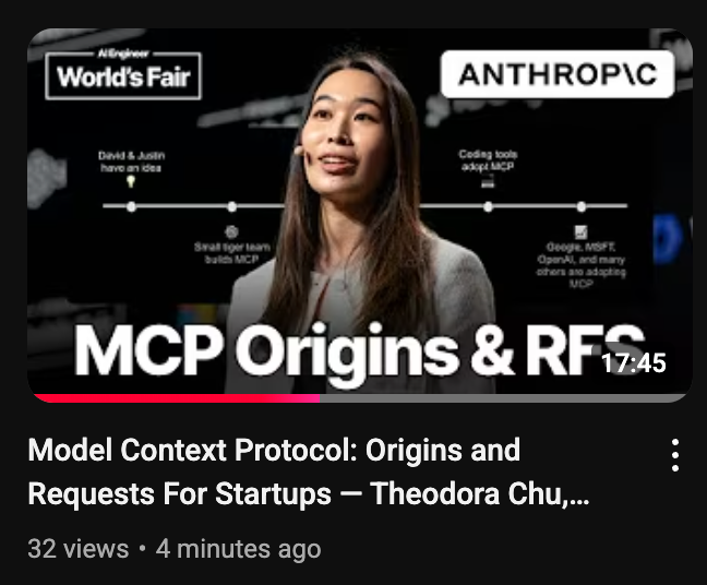 aiDotEngineer's tweet photo. 🆕 We're excited to release the first talk from the extremely popular MCP track — @chu_onthis, PM of MCP at @AnthropicAI, on: 

- the origin story of MCP
- the evolution/updates of the MCP spec
- (!!!) their REQUESTS FOR STARTUPS that people can build!

Now live on the AIE youtube:  https://t.co/uzUwkNQnDY

thanks for speaking, Theo!