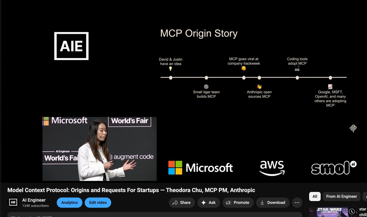 aiDotEngineer's tweet photo. 🆕 We're excited to release the first talk from the extremely popular MCP track — @chu_onthis, PM of MCP at @AnthropicAI, on: 

- the origin story of MCP
- the evolution/updates of the MCP spec
- (!!!) their REQUESTS FOR STARTUPS that people can build!

Now live on the AIE youtube:  https://t.co/uzUwkNQnDY

thanks for speaking, Theo!
