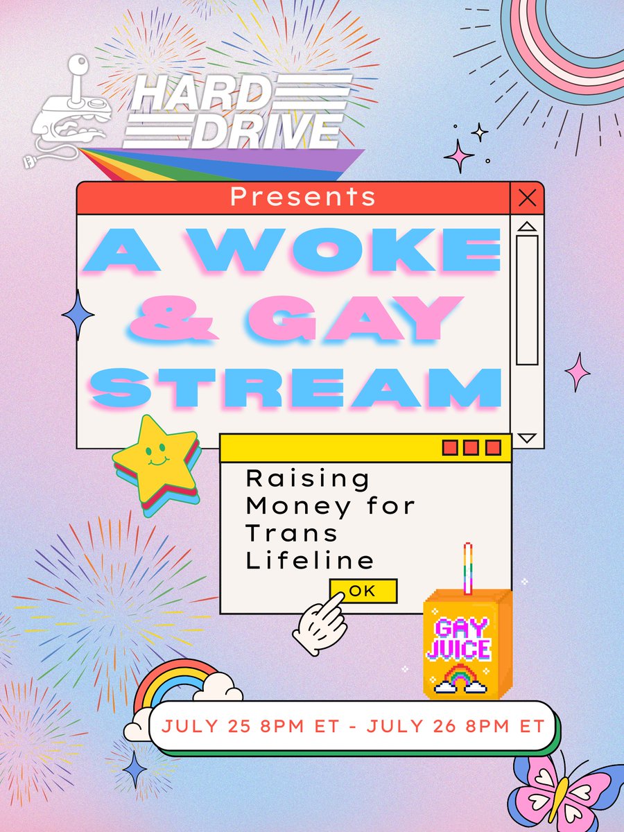 Hard Drive (@harddrivemag) on Twitter photo Hard Drive Presents: A Woke And Gay Charity Stream
Donations go to <a href="/TransLifeline/">Trans Lifeline</a>
7/25-7/26 8PM ET-8PM ET
Guests include:
<a href="/MikeDrucker/">Mike Drucker</a>
<a href="/KatAbughazaleh/">Kat Abughazaleh</a>
<a href="/giantbomb/">World’s Famous Giant Bomb</a>, and more!
🏳️⚧️More details to follow🏳️⚧️ Hard Drive Presents: A Woke And Gay Charity Stream
Donations go to <a href="/TransLifeline/">Trans Lifeline</a>
7/25-7/26 8PM ET-8PM ET
Guests include:
<a href="/MikeDrucker/">Mike Drucker</a>
<a href="/KatAbughazaleh/">Kat Abughazaleh</a>
<a href="/giantbomb/">World’s Famous Giant Bomb</a>, and more!
🏳️⚧️More details to follow🏳️⚧️