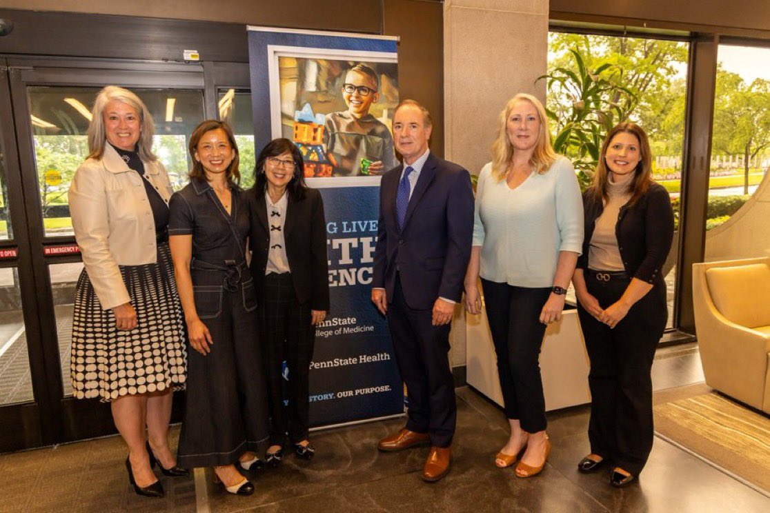 PennStateGov's tweet image. .@RepJohnJoyce, visited @PennStHershey College of Medicine on June 16, to learn about Project ECHO, training healthcare providers. Pictured: Sheilah Borne, Dr. Cynthia Chuang, Dean Karen Kim, Congressman Joyce, Ellie Hogentogler, and Sara Cichy.
