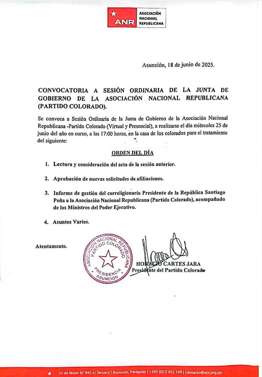Convocatoria a Sesión Ordinaria de la Junta de Gobierno, para el día miércoles 25 de junio, a las 17:00hs. El orden del día contempla entre los temas más resaltantes, la aprobación de nuevas afiliaciones y el informe del presidente de la República, Santiago Peña.