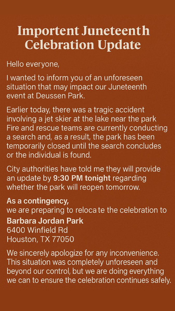 #EGPGunClub Houston has an important update regarding tomorrow's Juneteenth Day at the Park Family Event: