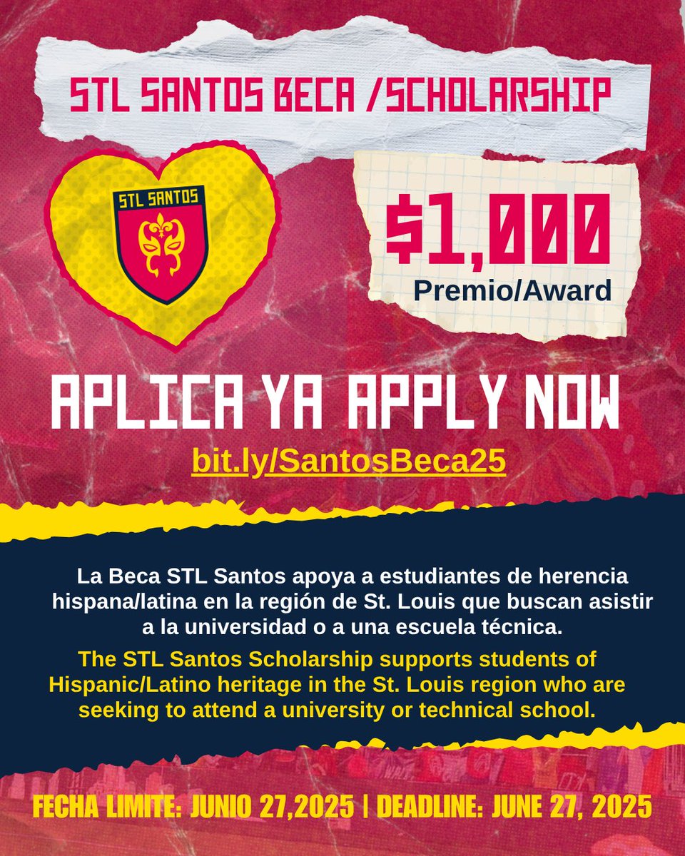 ⚜️ STL Santos ⚜️ (@stlcitysantos) on Twitter photo Calling all Latino/hispanic student children or relatives to apply for the STL Santos Scholarship and share this opportunity with your community. Thank you to everyone who supports us for making this scholarship possible. Apply here: bit.ly/SantosBeca25 Calling all Latino/hispanic student children or relatives to apply for the STL Santos Scholarship and share this opportunity with your community. Thank you to everyone who supports us for making this scholarship possible. Apply here: bit.ly/SantosBeca25