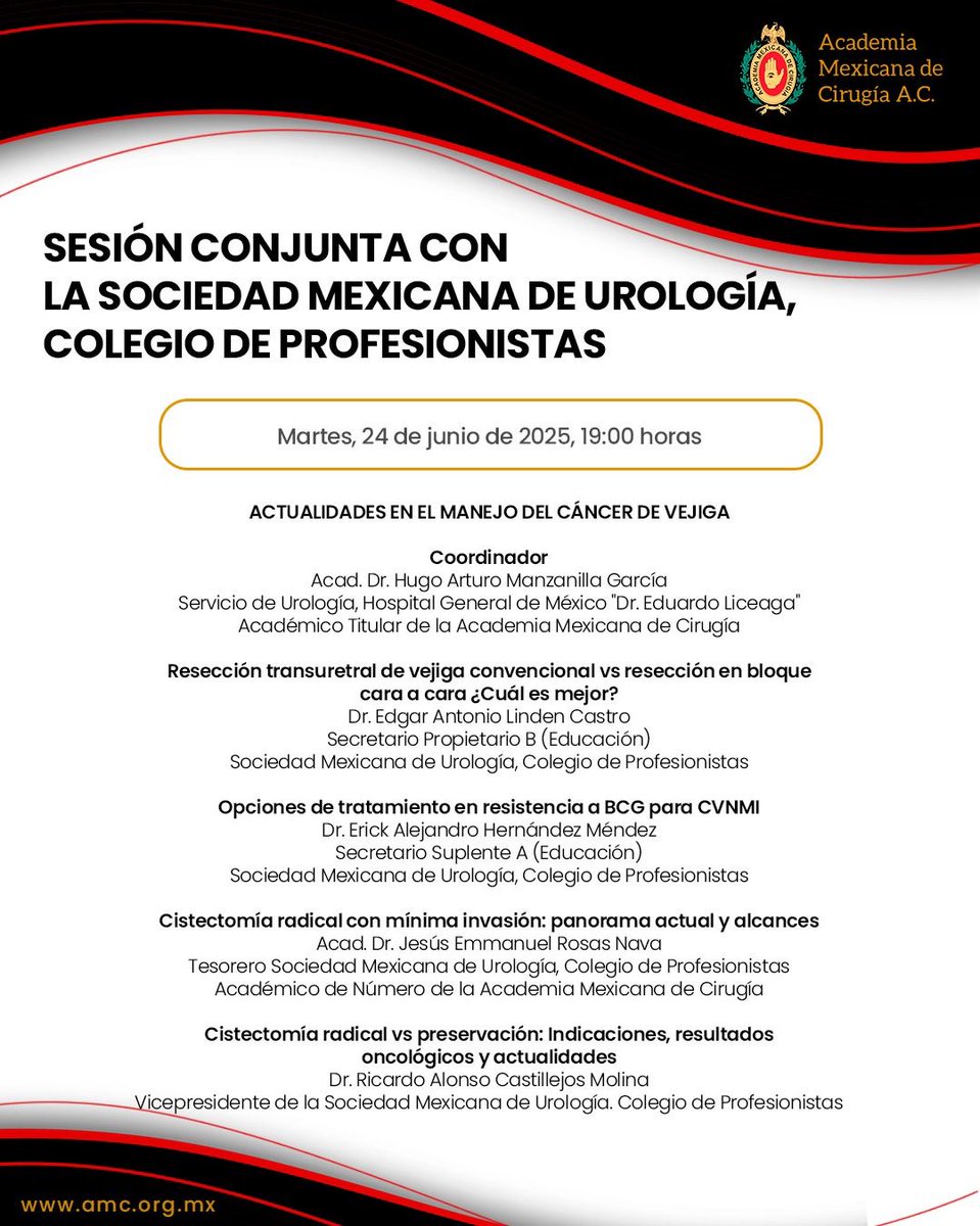 La #AMC te invita  a participar en nuestra próxima sesión en vivo
Martes, 24 de junio a la 19:00 hrs
Para seguir la transmisión:
amc.org.mx
X: <a href="/AcademiaCirugia/">AMC</a>
Apple: bit.ly/amc_apple
Android: bit.ly/amc_play_store