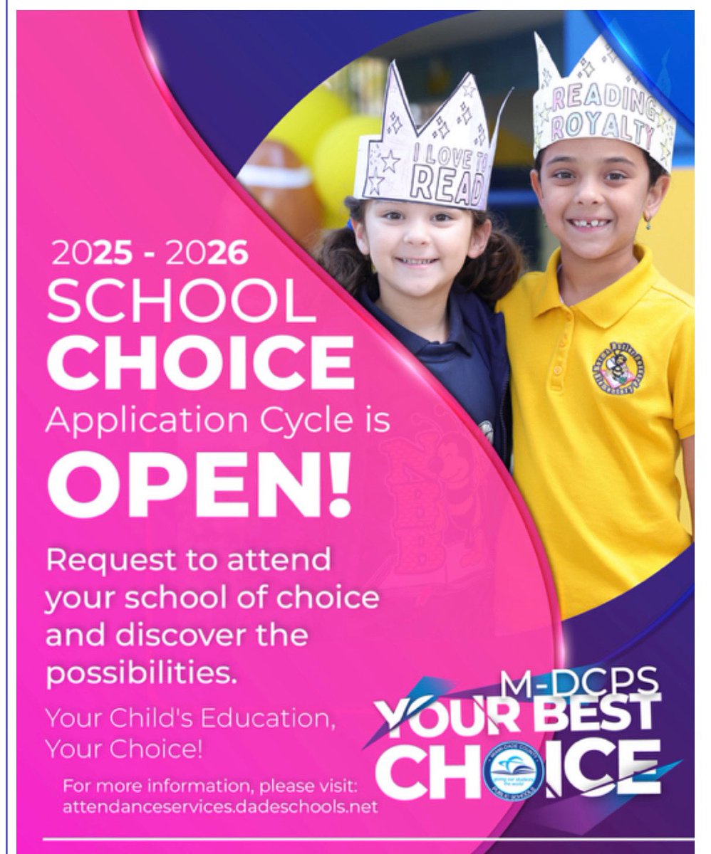 GulfstreamES's tweet image. The 2025-2026 School of Choice application window is officially open!Explore the many options available through Miami Dade County Public Schools and find the program that aligns with your child’s passions and goals. Their future.Your choice.@suptdotres @mdcpssouth @miamischools