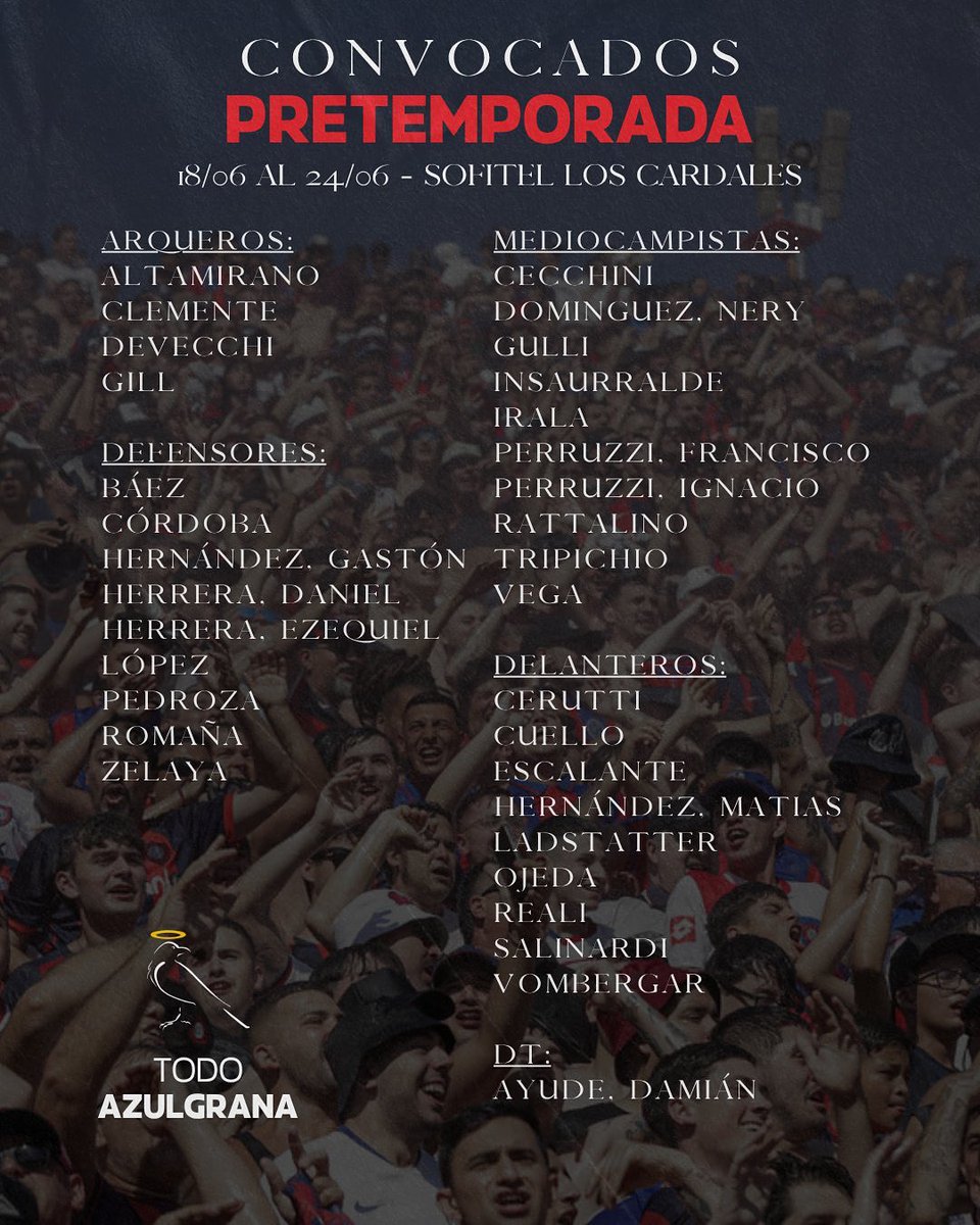 🔵🔴📋 La lista de los 32 convocados para realizar la parte más exigente de la pretemporada desde el 18/06 al 24/06en Cardales.

Los pibes que fueron tenidos en cuenta y son sorpresa:
-Matias Hernández, actual capitán de la reserva. No tiene contrato con San Lorenzo. Están