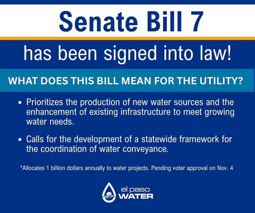 El Paso Water (@epwater) on Twitter photo Senate Bill 7 has been signed into law by Gov. Greg Abbott that focuses on the enhancement of water infrastructure. Thank you <a href="/CesarJBlanco/">Cesar Blanco</a> , <a href="/moodyforelpaso/">Joe Moody</a> , <a href="/RepMaryGonzalez/">Dr. Mary E. Gonzalez</a> , <a href="/ClaudiaOrdazTX/">Rep. Claudia Ordaz</a> , <a href="/VinceMPerez/">Vince Perez</a> for your support in helping secure water for our future. Senate Bill 7 has been signed into law by Gov. Greg Abbott that focuses on the enhancement of water infrastructure. Thank you <a href="/CesarJBlanco/">Cesar Blanco</a> , <a href="/moodyforelpaso/">Joe Moody</a> , <a href="/RepMaryGonzalez/">Dr. Mary E. Gonzalez</a> , <a href="/ClaudiaOrdazTX/">Rep. Claudia Ordaz</a> , <a href="/VinceMPerez/">Vince Perez</a> for your support in helping secure water for our future.