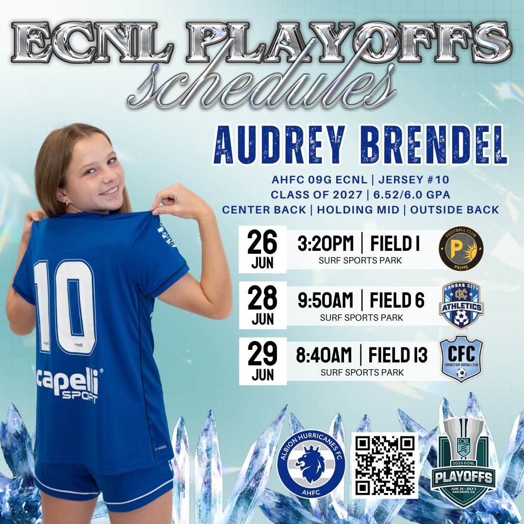Audrey Brendel (@audreybrendel09) on Twitter photo Excited to compete in the <a href="/ECNLgirls/">ECNL Girls</a> playoffs next week with my <a href="/albion09gecnl/">AHFC 09G ECNL</a> teammates. Looking forward to some great matchups against other talented teams! I hope to see you on the sidelines.
<a href="/PrepSoccerTX/">Prep Soccer Texas</a> <a href="/PrepSoccer/">Prep Soccer ⚽️</a> <a href="/ImYouthSoccer/">ECNL/GA/Recruiting/College Soccer</a> <a href="/ImCollegeSoccer/">College Soccer Truth ™</a> <a href="/TheSoccerWire/">SoccerWire</a> Excited to compete in the <a href="/ECNLgirls/">ECNL Girls</a> playoffs next week with my <a href="/albion09gecnl/">AHFC 09G ECNL</a> teammates. Looking forward to some great matchups against other talented teams! I hope to see you on the sidelines.
<a href="/PrepSoccerTX/">Prep Soccer Texas</a> <a href="/PrepSoccer/">Prep Soccer ⚽️</a> <a href="/ImYouthSoccer/">ECNL/GA/Recruiting/College Soccer</a> <a href="/ImCollegeSoccer/">College Soccer Truth ™</a> <a href="/TheSoccerWire/">SoccerWire</a>