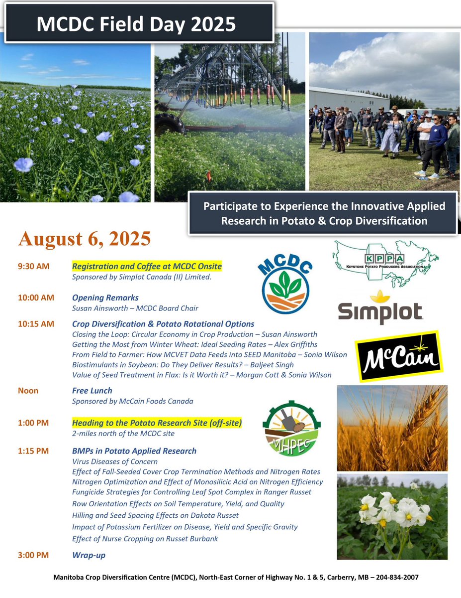 🌾 #FreeEvent
Join us at the MCDC Annual Field Day in Carberry on August 6!
Discover innovative farm practices and resilient crop production from a great lineup of expert speakers.
☕ Coffee &amp; lunch provided — don’t miss out!
📅 Mark your calendar!
<a href="/CropCentres/">Manitoba Diversification Centres</a>