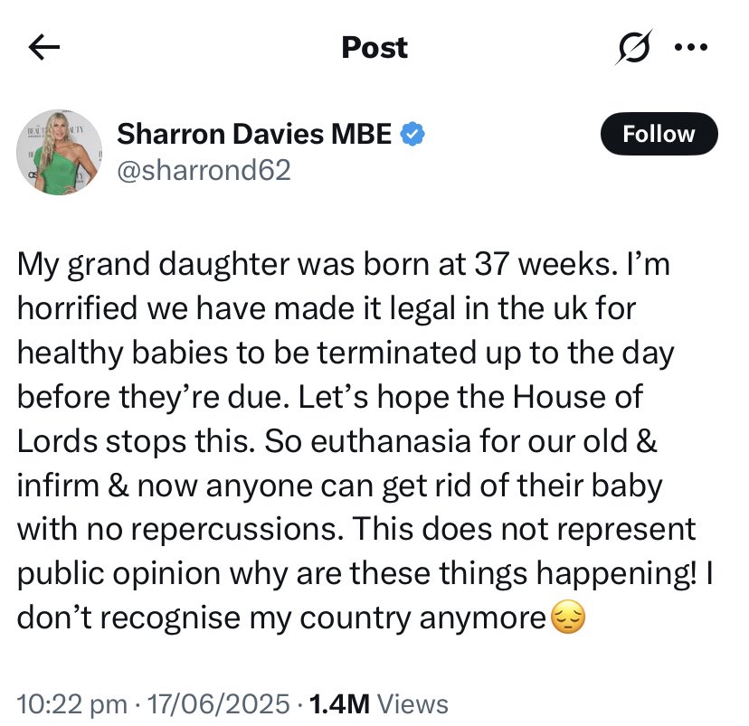 BREAKING 🚨🚨🚨

Gender Critical campaigner Sharron Davies described as “Not the sharpest tool in the box” after misunderstanding abortion bill.