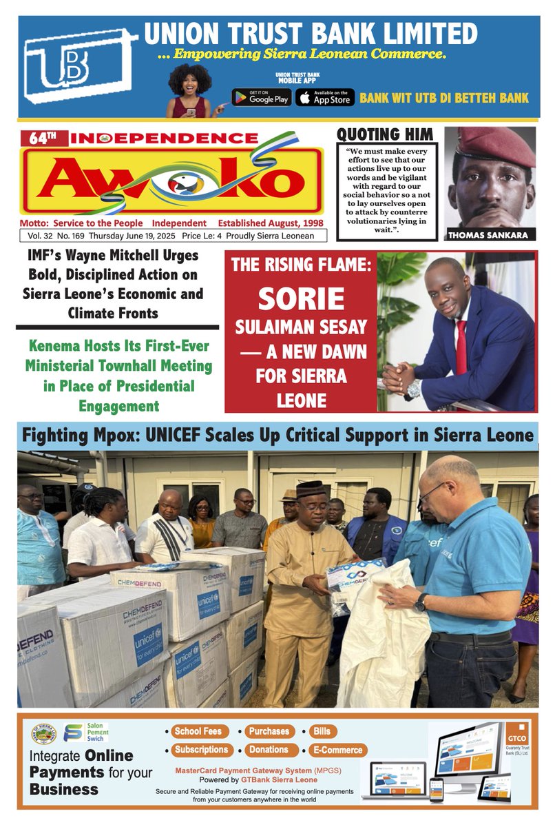Front page Thursday 19th June 2025 ... #SierraLeone
#SaloneX
#SierraLeoneNewspapers
#Awokonewspaper
#freetown
Follow our channel whatsapp.com/channel/0029Va…